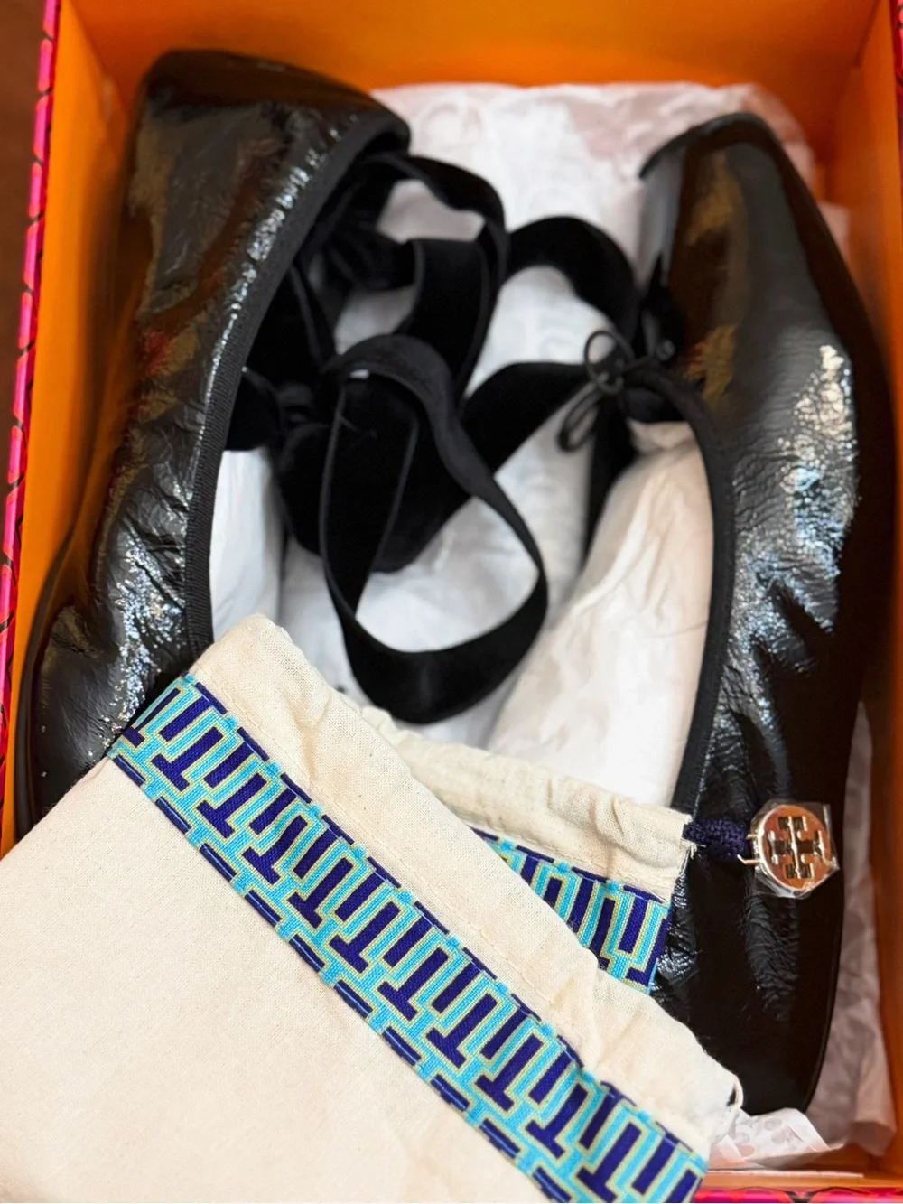 Tory Burch Black Patent Leather Ballet Flats with Ankle Ties